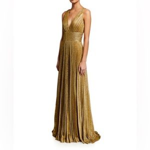 Jovani Metallic Accordion-Pleated V-Neck Gown
